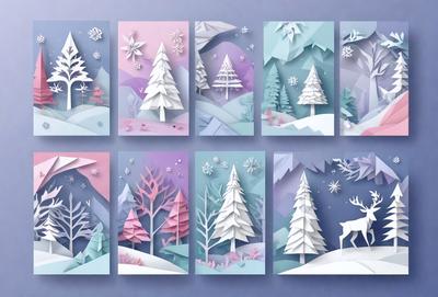 The primary subject of the image is a series of six snowy tree illustrations. The setting is a winter landscape, with snow-covered trees and a mountainous background. The visual style is a combination of digital art and illustration, creating a realistic and visually appealing representation of the snowy trees. The colors and mood are predominantly white and cold, reflecting the wintry atmosphere.